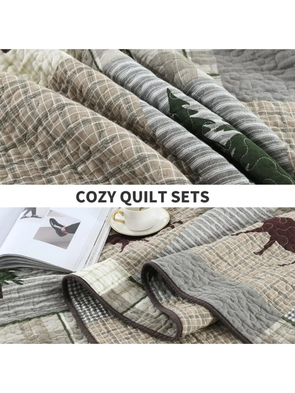 Cozy 100% Cotton Queen Quilt Set - Reversible Forest Plaid Bedspread & 2 Shams